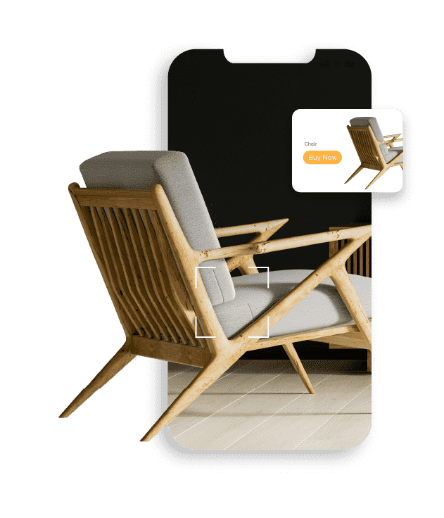 Mobile phone screen displaying a retro modern grey chair with an inset ad of the same chair